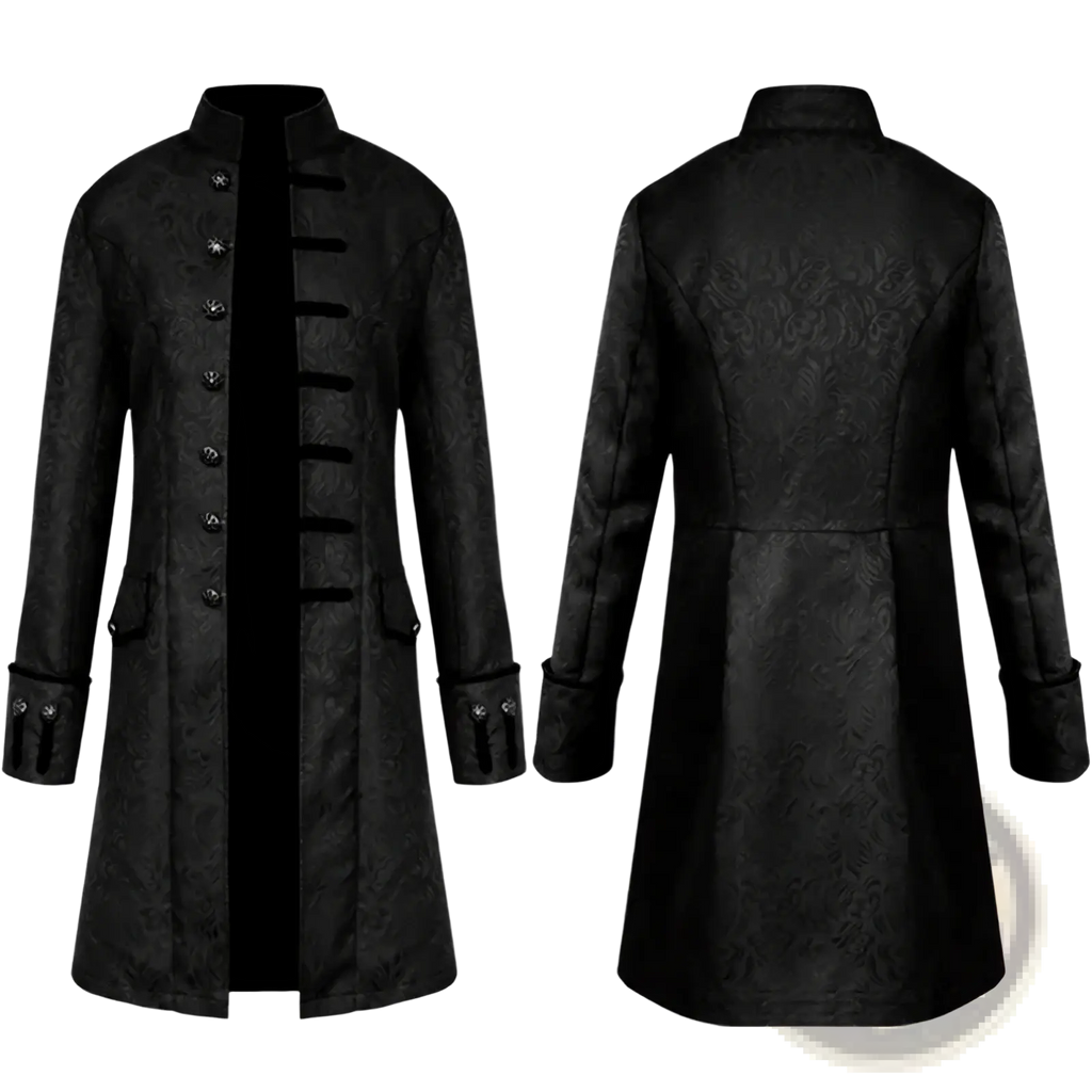 Men gothic steampunk trench coat in black textured fabric with ornate silver buttons and a high collar