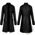 Men gothic steampunk trench coat in black textured fabric with ornate silver buttons and a high collar