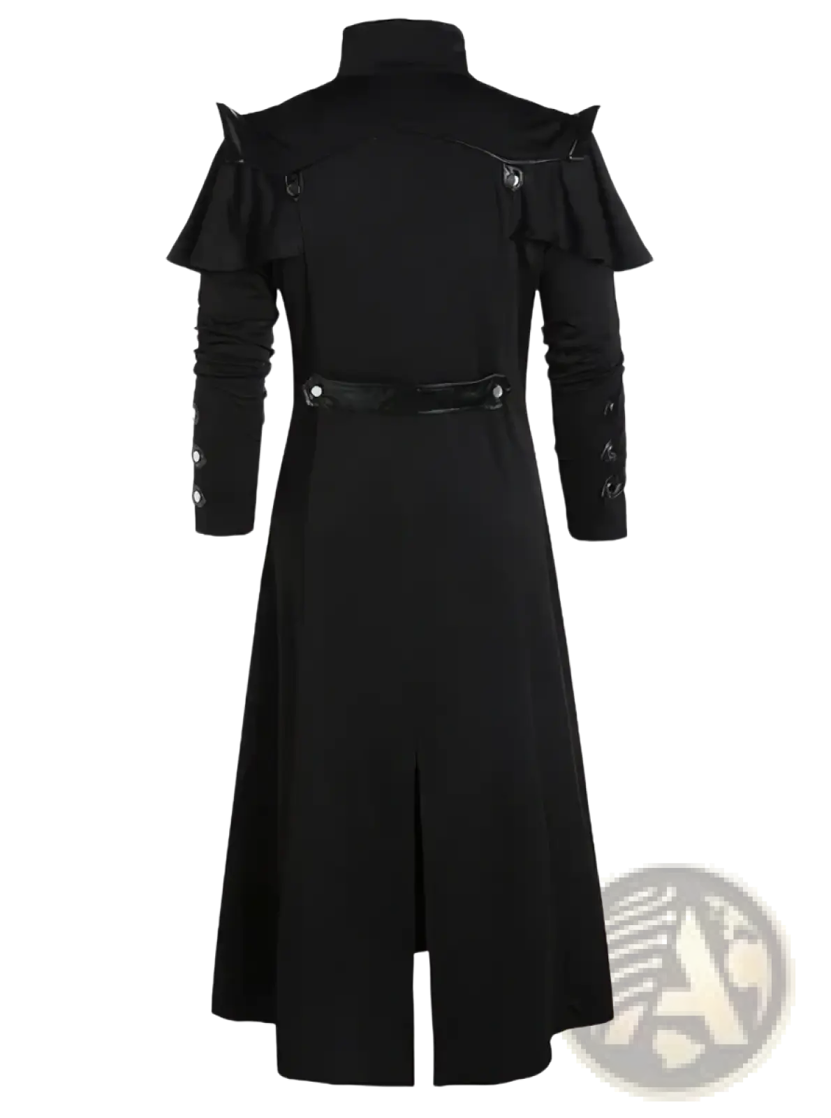 Men gothic steampunk trench coat in black with ruffled shoulder details and buttoned cuffs for plus size