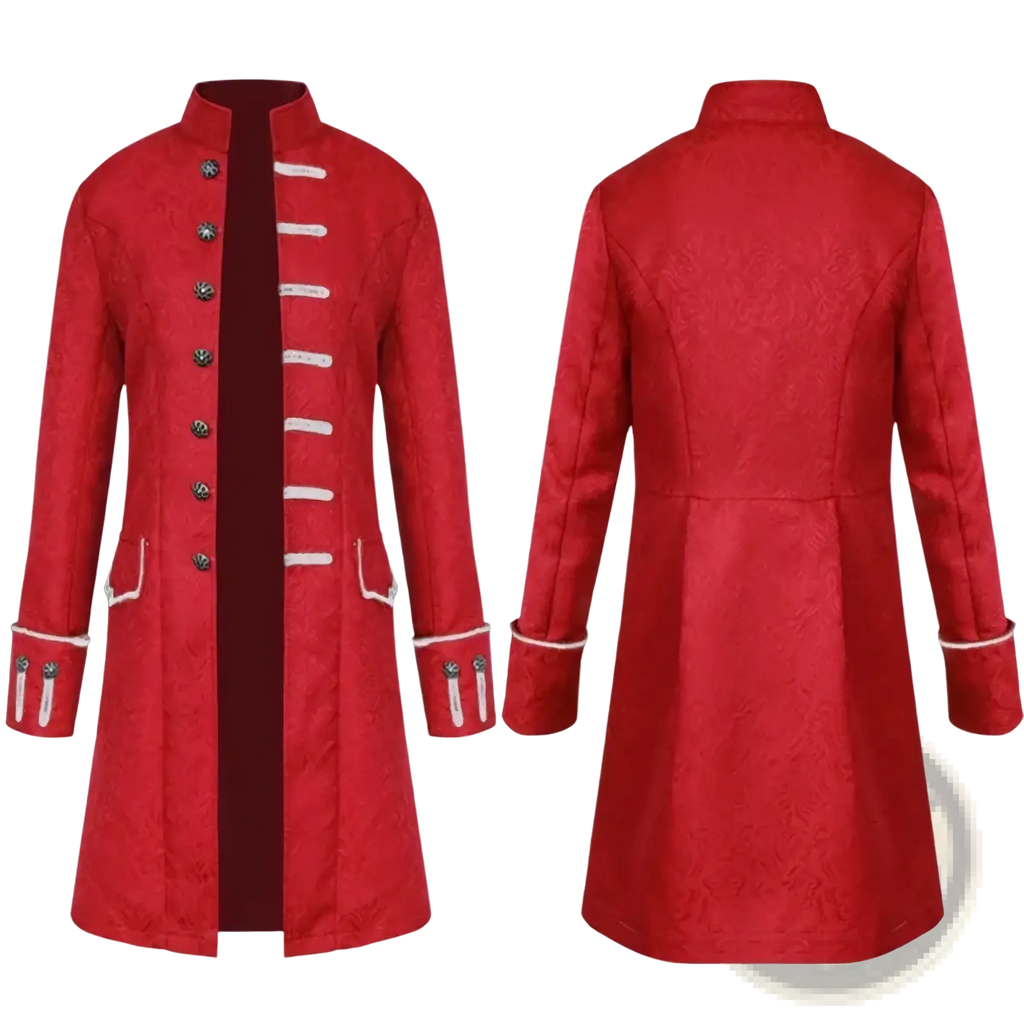 Men gothic steampunk trench coat in vibrant red textured fabric with silver buttons and white trim accents