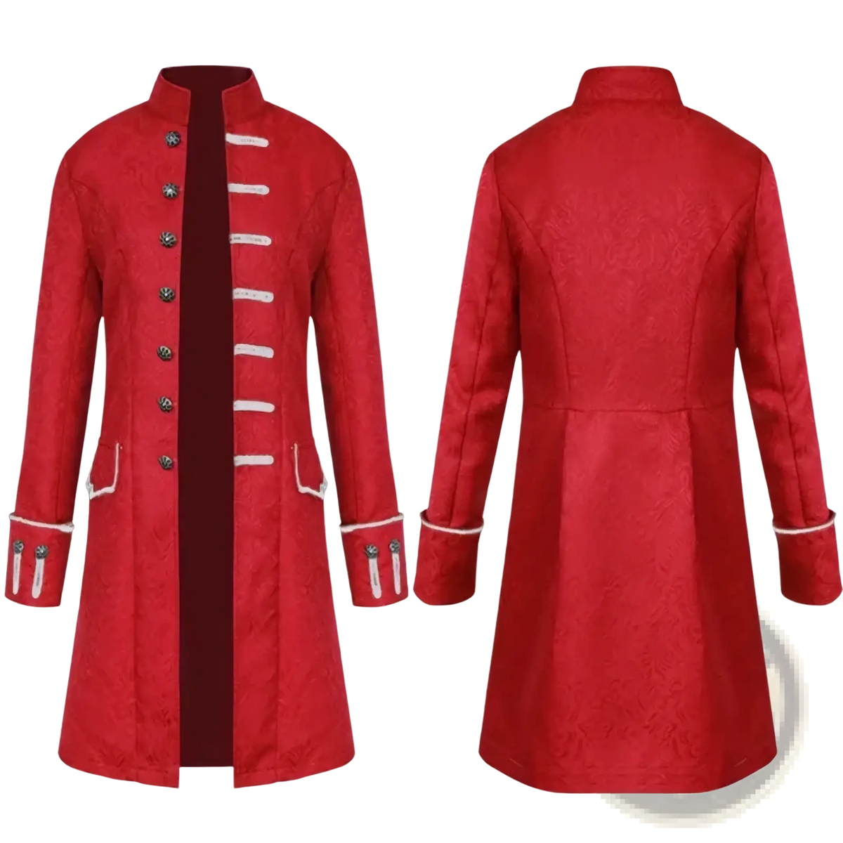 Men gothic steampunk trench coat in vibrant red textured fabric with silver buttons and white trim accents