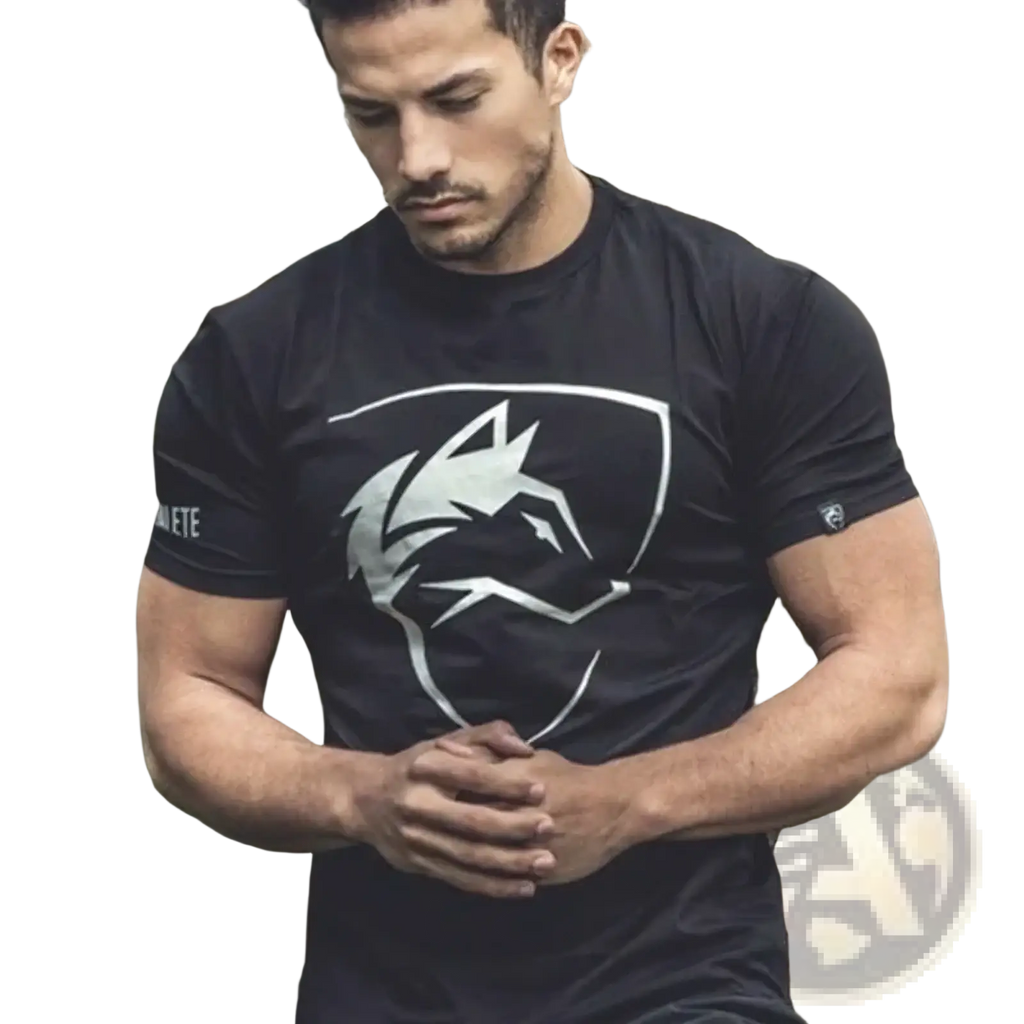 Black cotton men gothic wolf logo workout t-shirt with bold white wolf head graphic in shield outline for streetwear