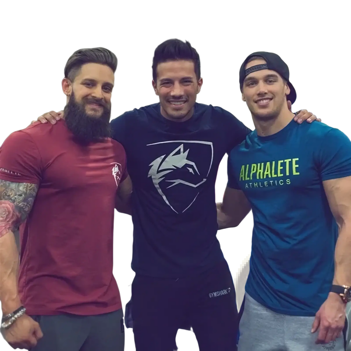 The central figure wears a men gothic wolf logo workout t-shirt cotton streetwear in dark navy blue with gymshark pants