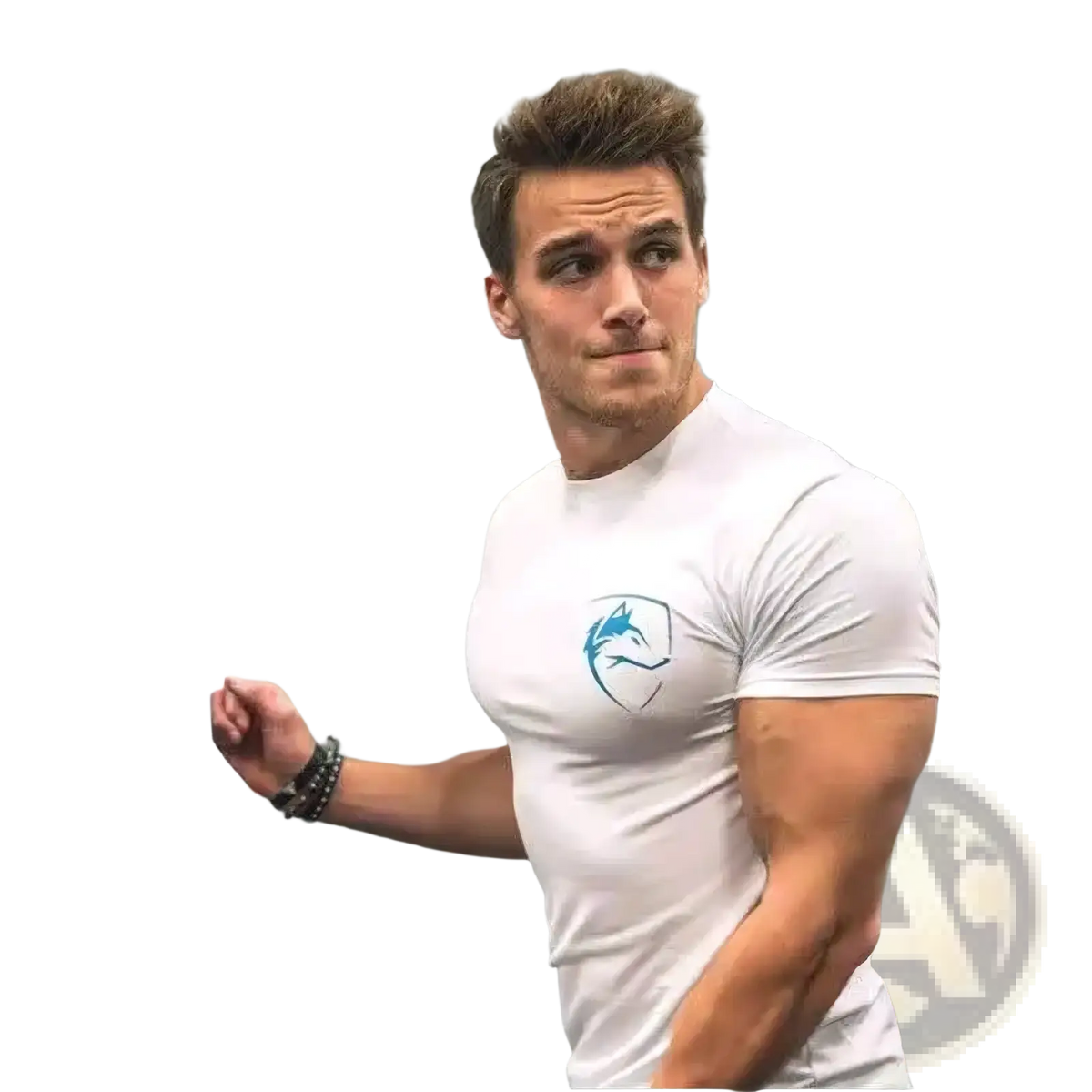 White short-sleeved cotton t-shirt with a blue gothic wolf logo designed for men streetwear and workout use