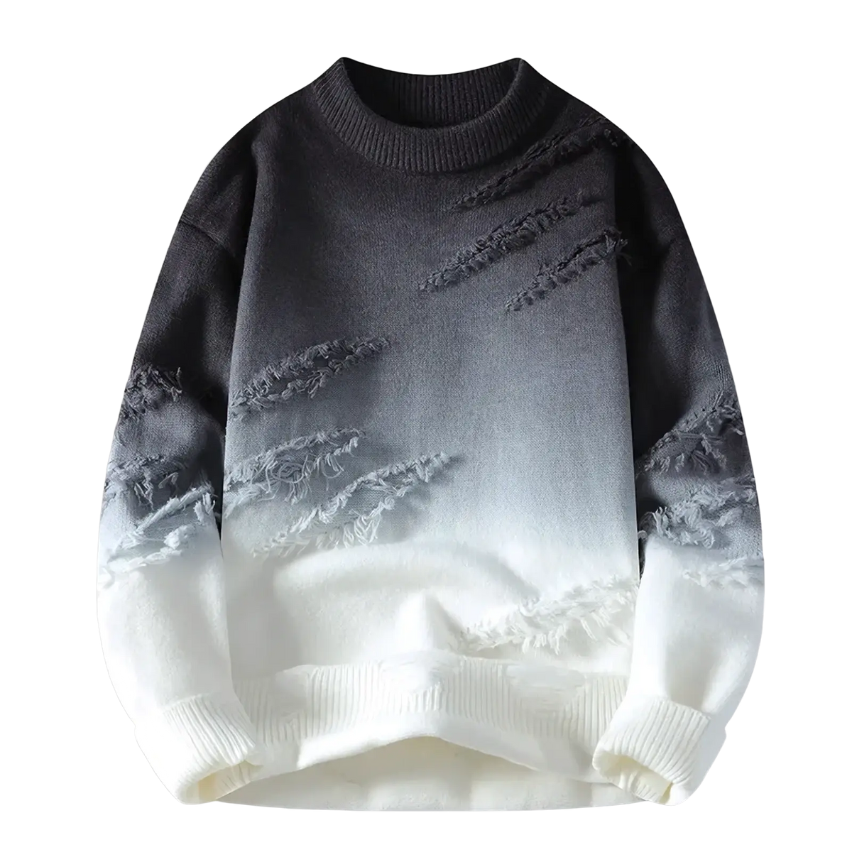 Men gradient distressed knit pullover sweater in black and white with frayed detailing on sleeves and body