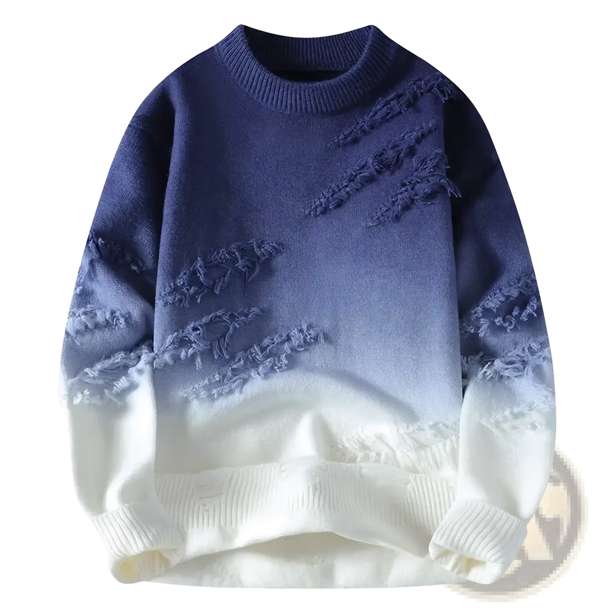 Men gradient distressed knit pullover sweater in blue to white gradient with frayed detailing on sleeves and body