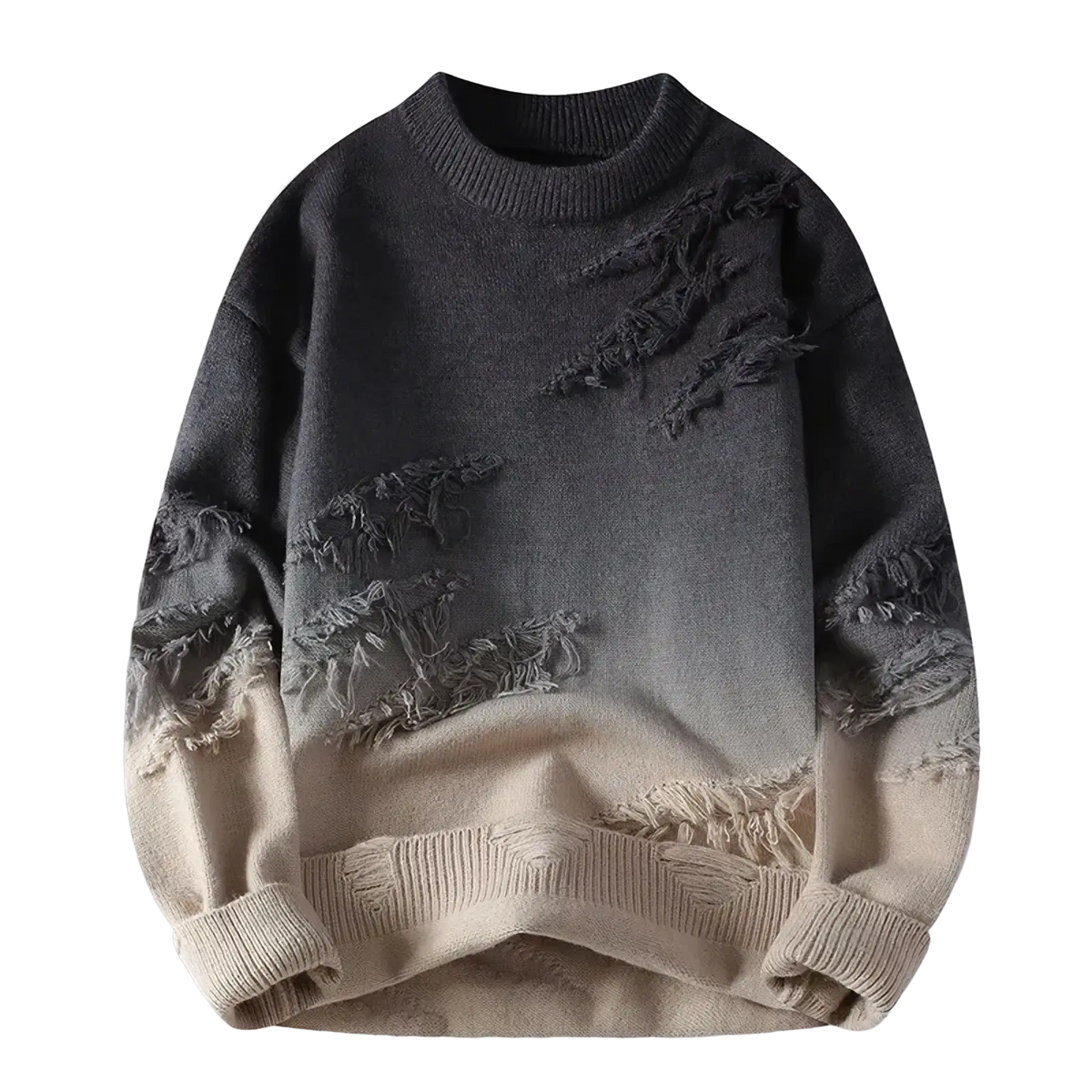 Men gradient distressed knit pullover sweater in dark gray to beige with frayed detailing on sleeves and body