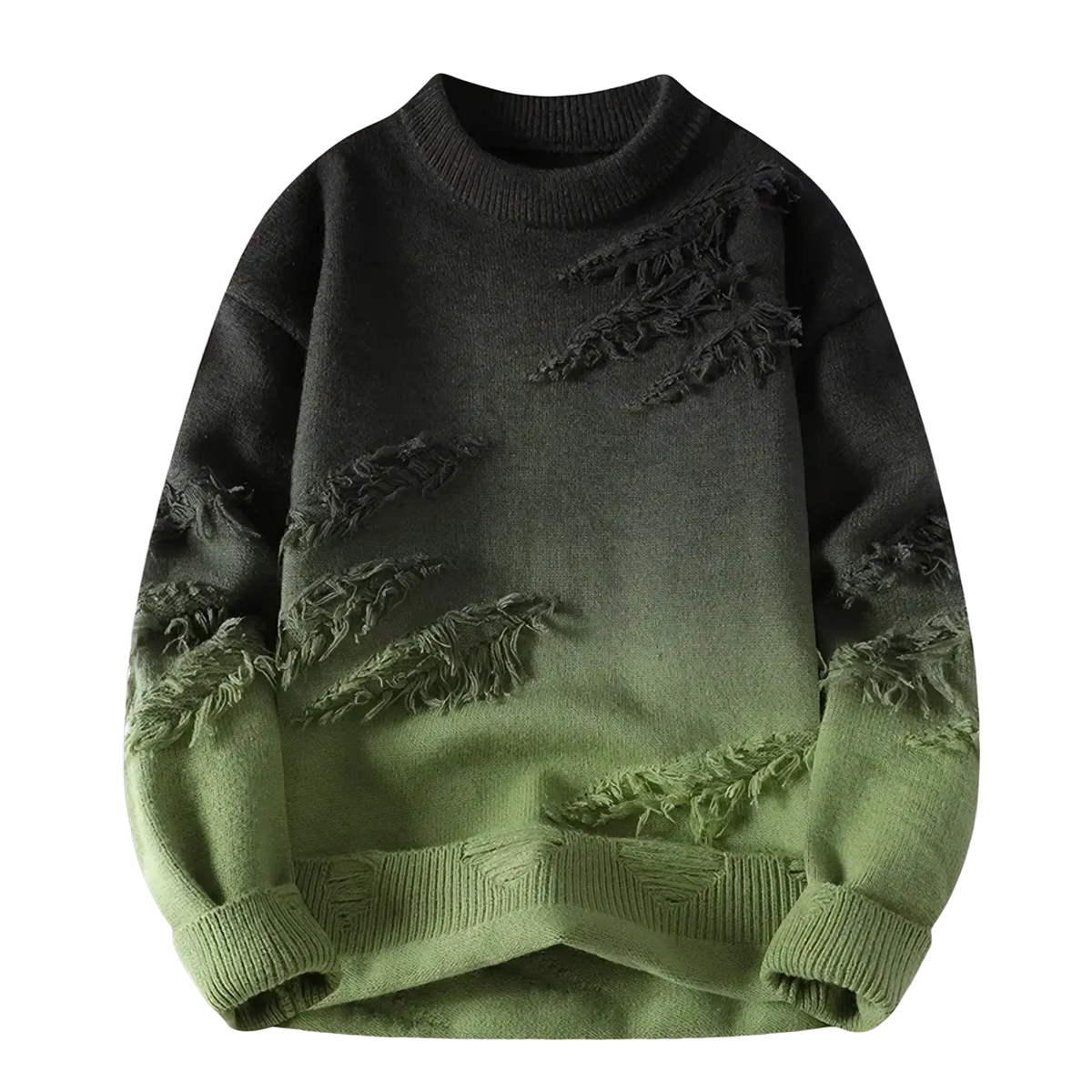 Men gradient distressed knit pullover sweater in dark green to olive with frayed detailing on sleeves and body