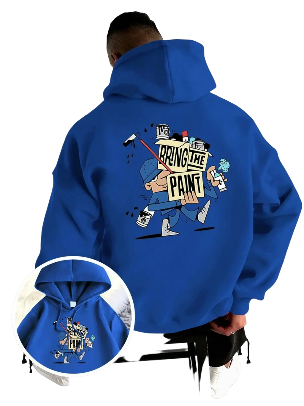 Men graphic graffiti hoodie pullover in blue featuring a cartoon painter holding a bring the paint sign with tools