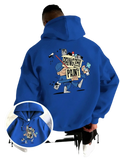 Men graphic graffiti hoodie pullover in blue featuring a cartoon painter holding a bring the paint sign with tools