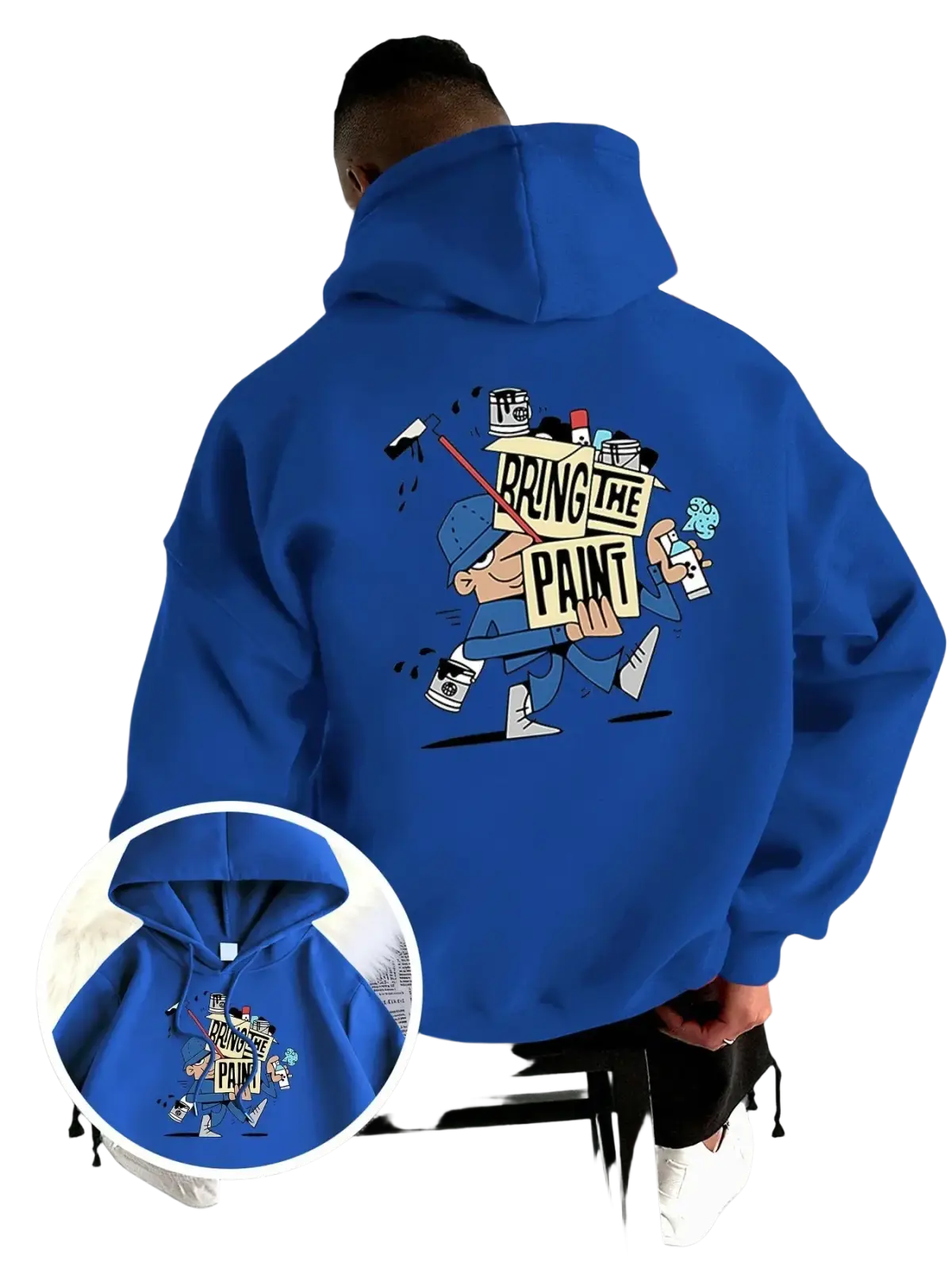 Men graphic graffiti hoodie pullover in blue featuring a cartoon painter holding a bring the paint sign with tools