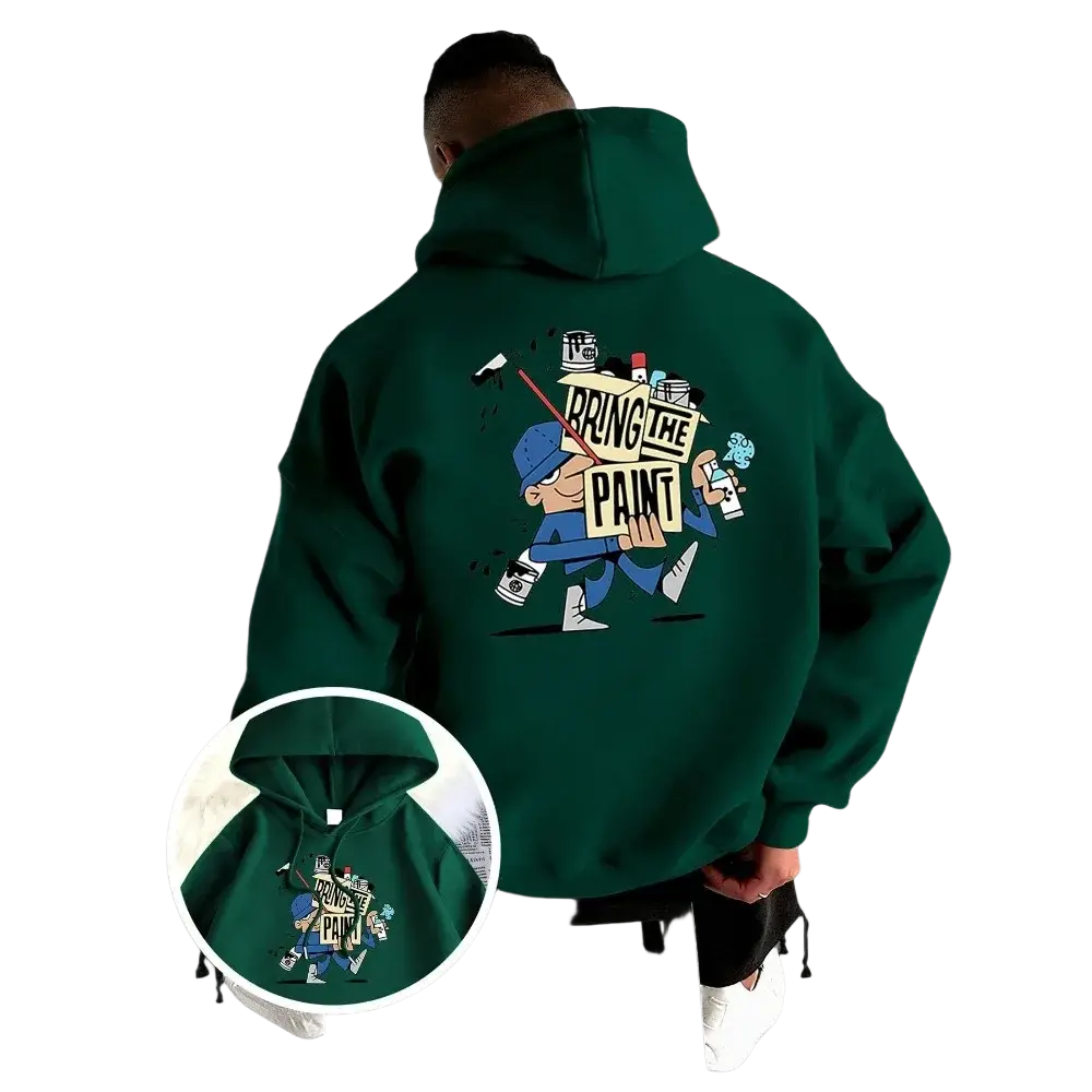 Men graphic graffiti hoodie pullover in dark green featuring a cartoon painter graphic and bring the paint text close-up