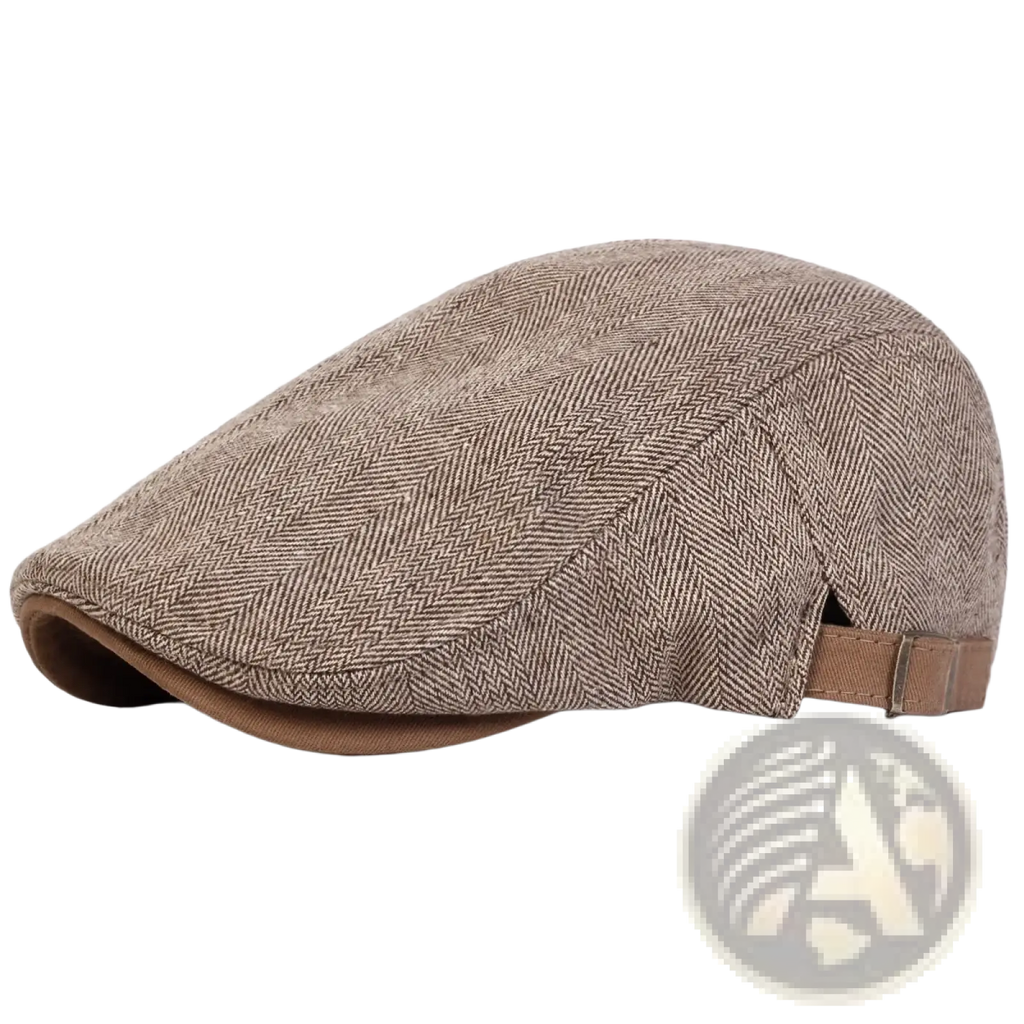 Men gray herringbone flat cap with beige herringbone pattern brown fabric brim and adjustable strap visible from the back