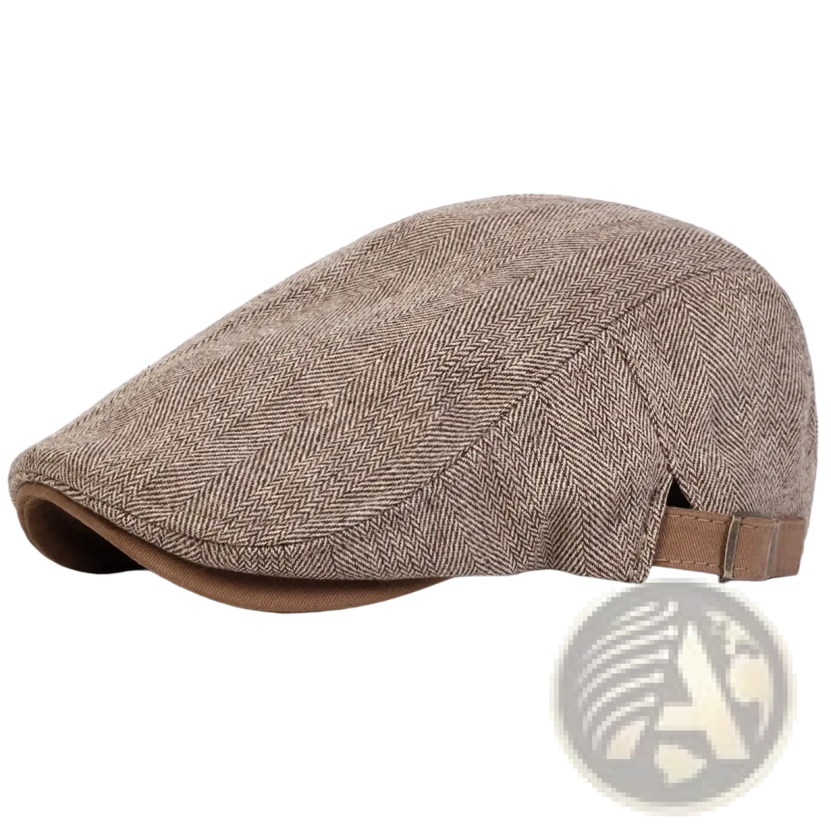 Men gray herringbone flat cap with beige herringbone pattern brown fabric brim and adjustable strap visible from the back