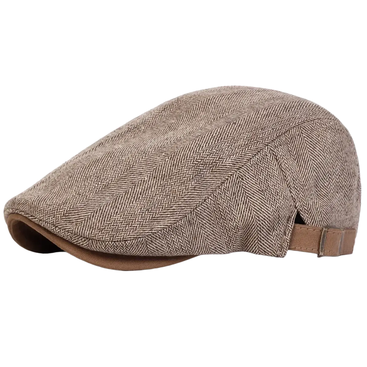 Men gray herringbone flat cap with beige herringbone pattern brown fabric brim and adjustable strap shown from back side