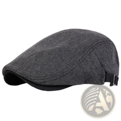Men gray herringbone flat cap with black adjustable strap shown from the back side for a newsboy style look