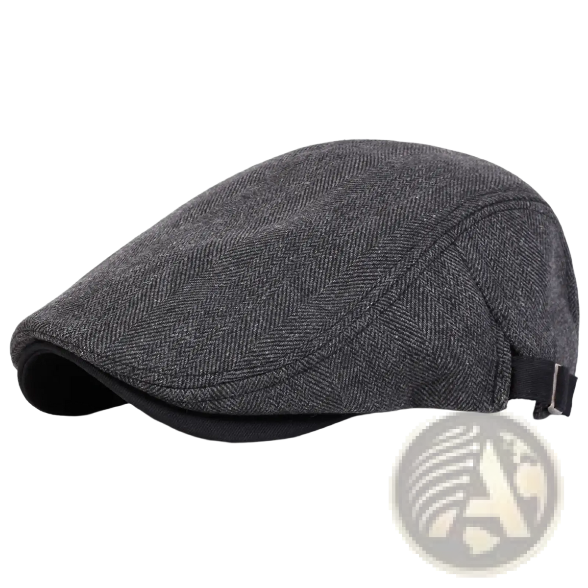 Men gray herringbone flat cap with black adjustable strap shown from the back side for a newsboy style look