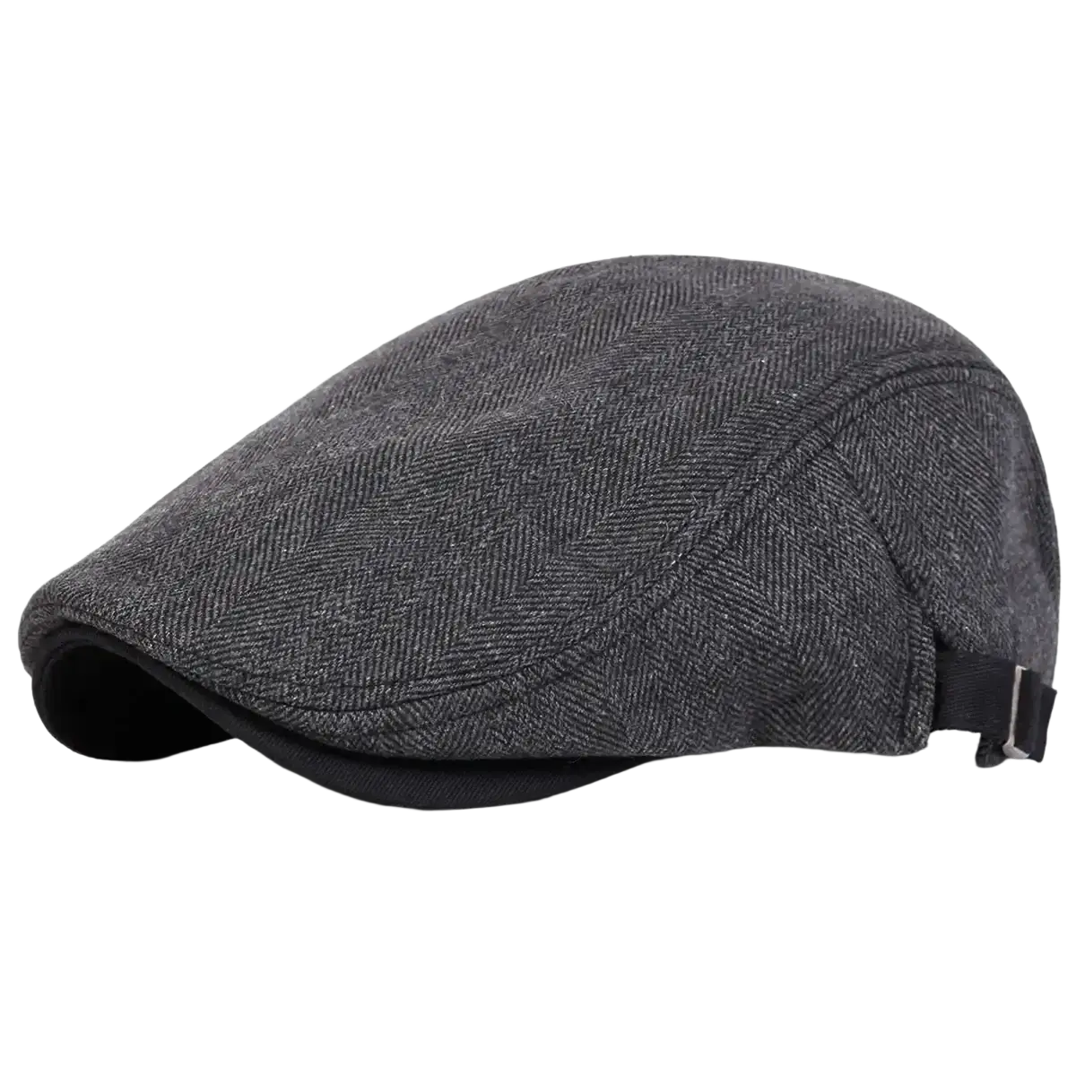Men gray herringbone flat cap with adjustable black strap featuring classic herringbone pattern and newsboy style