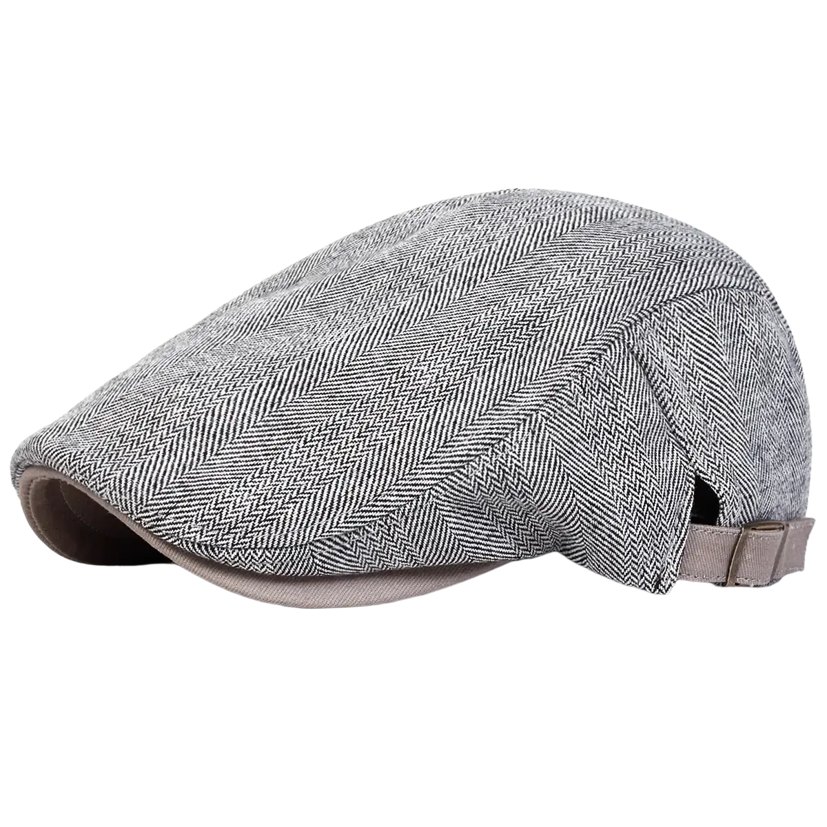 Men gray herringbone flat cap with structured curved brim and adjustable strap in a classic newsboy style