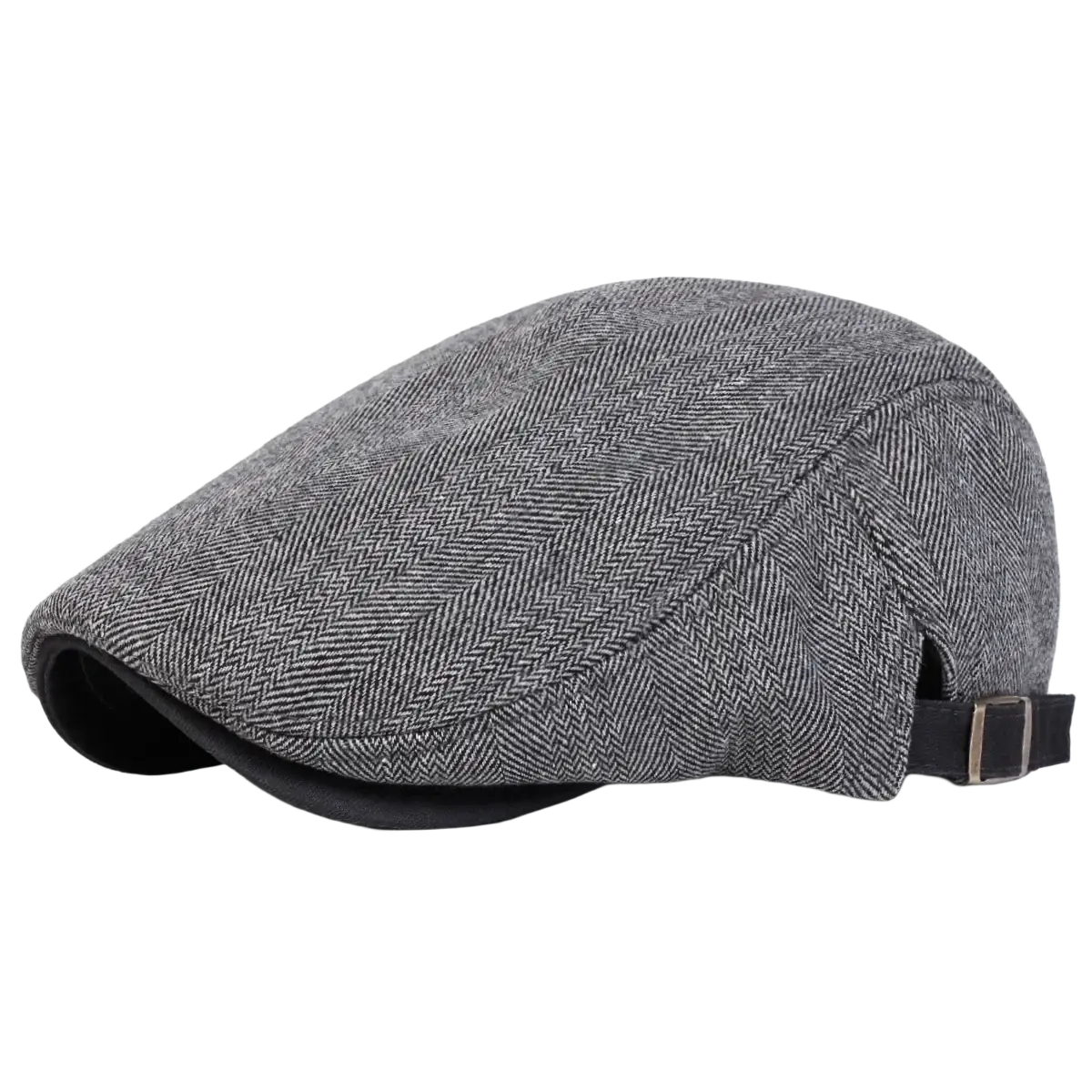Men gray herringbone flat cap showing black adjustable strap and buckle on the back side of the newsboy hat