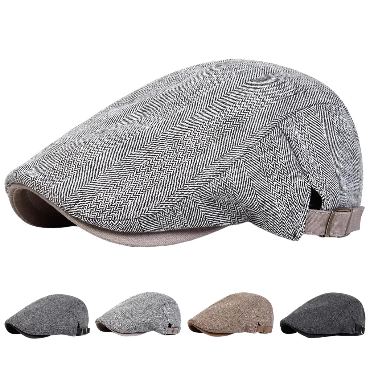 Men gray herringbone flat cap with beige adjustable strap showcasing the back side of the herringbone flat cap