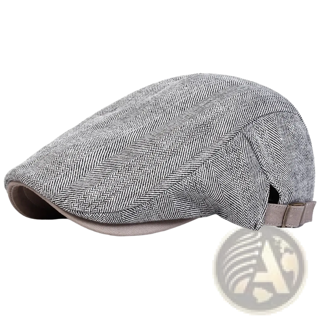 Men gray herringbone flat cap with a structured curved brim and adjustable strap for a classic newsboy style