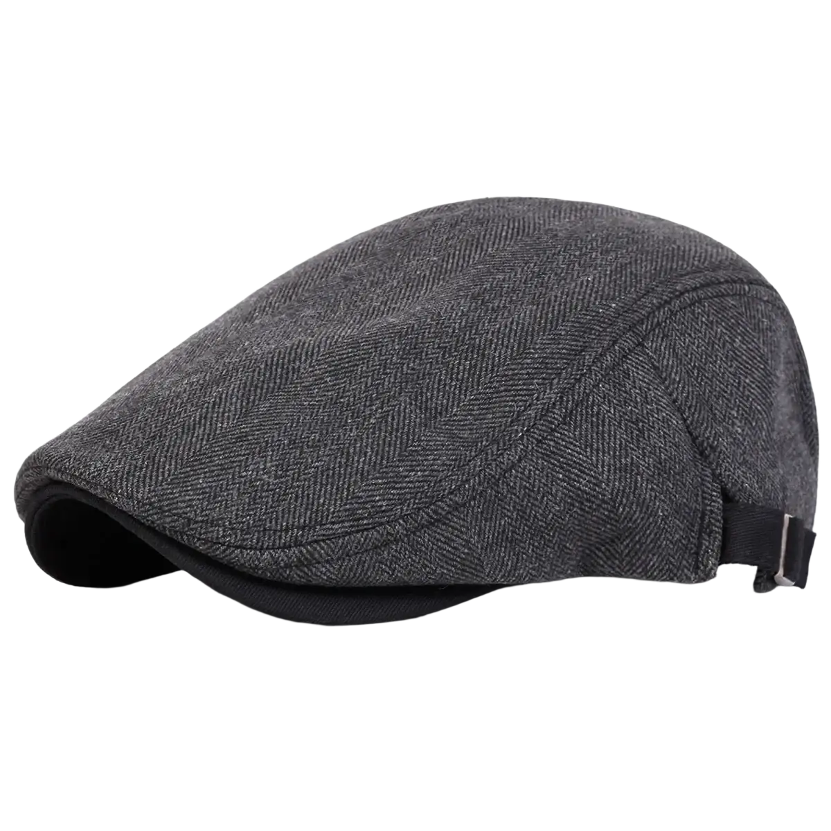 Men gray herringbone flat cap with black adjustable strap shown from the back side for a newsboy style look