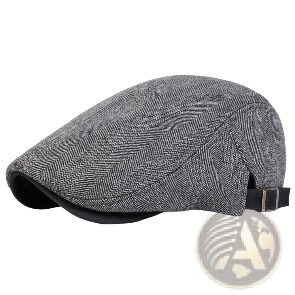 Men gray herringbone flat cap showing black adjustable strap and buckle on the back side of the newsboy hat