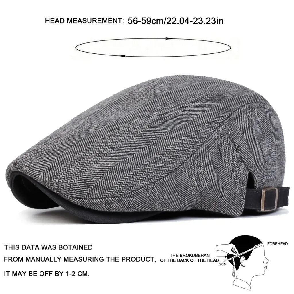 Men gray herringbone flat cap showing the back with black adjustable strap and buckle newsboy hat