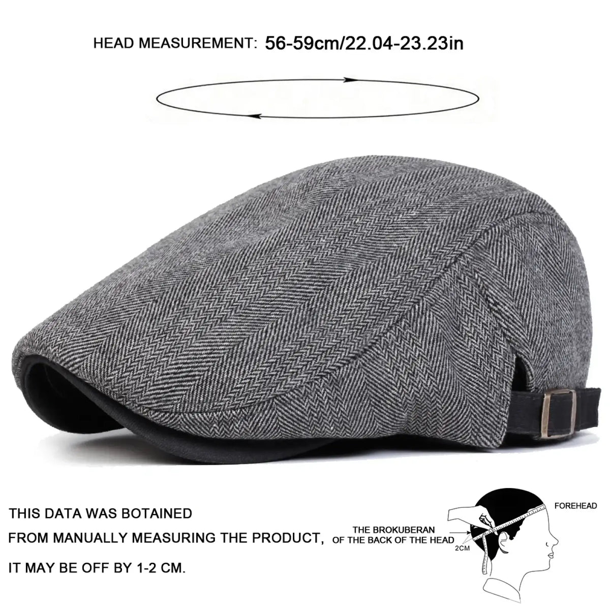 Men gray herringbone flat cap showing the back with black adjustable strap and buckle newsboy hat
