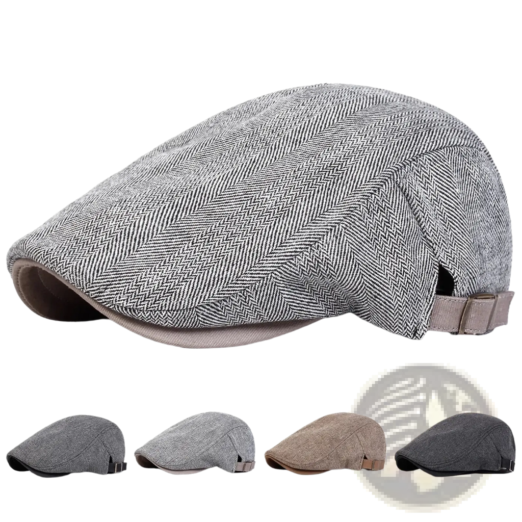 Men gray herringbone flat cap with adjustable fabric strap and buckle shown from the back side