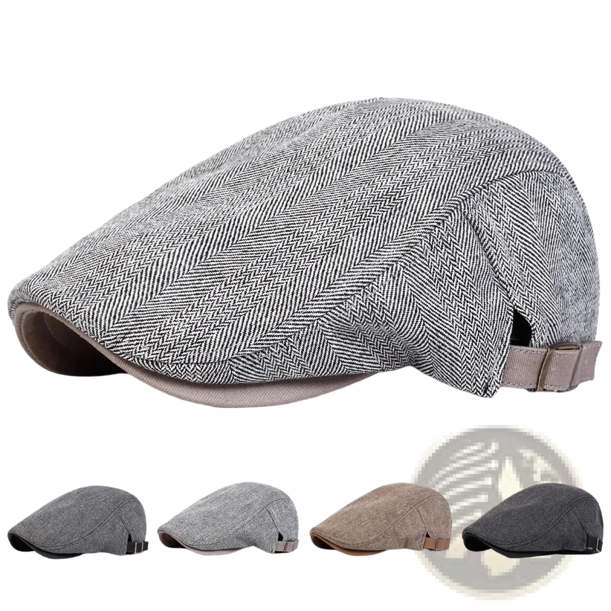 Men gray herringbone flat cap with adjustable fabric strap and buckle shown from the back side