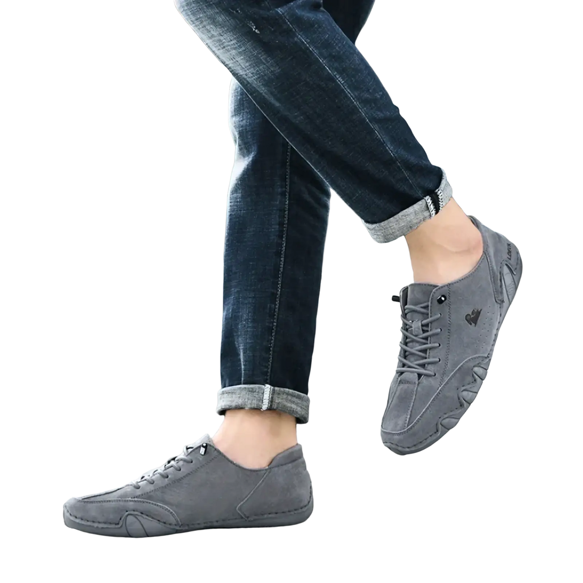 Men gray suede casual sneakers featuring a subtle heart logo on the side for everyday wear