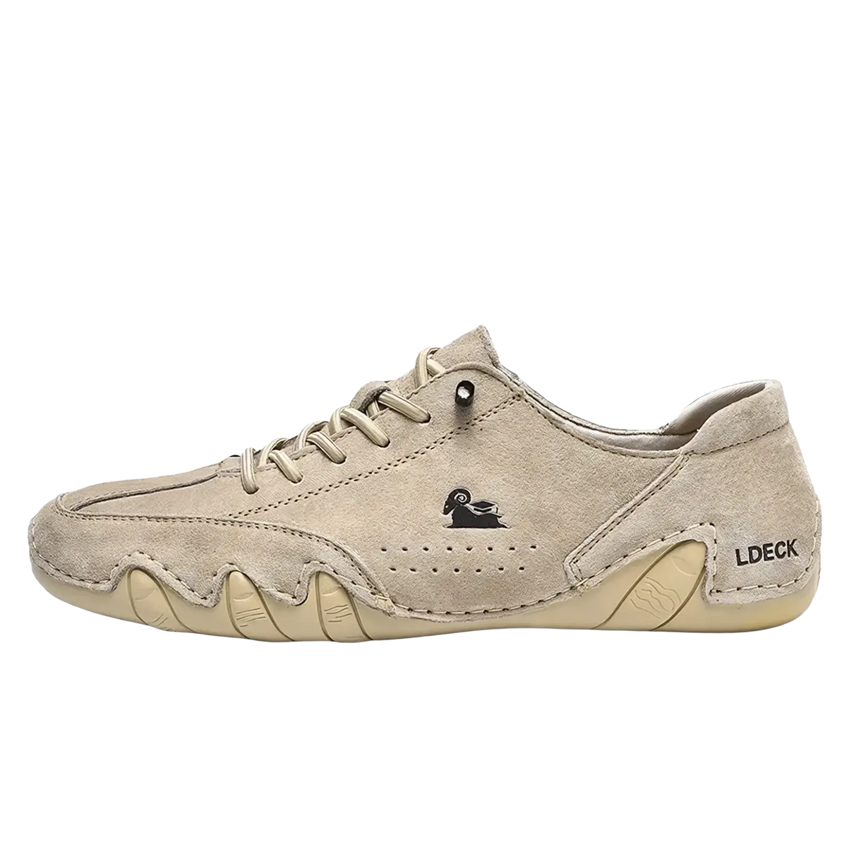 Men gray suede casual sneakers featuring beige lace-up design with black ram logo and ldeck branding on the side