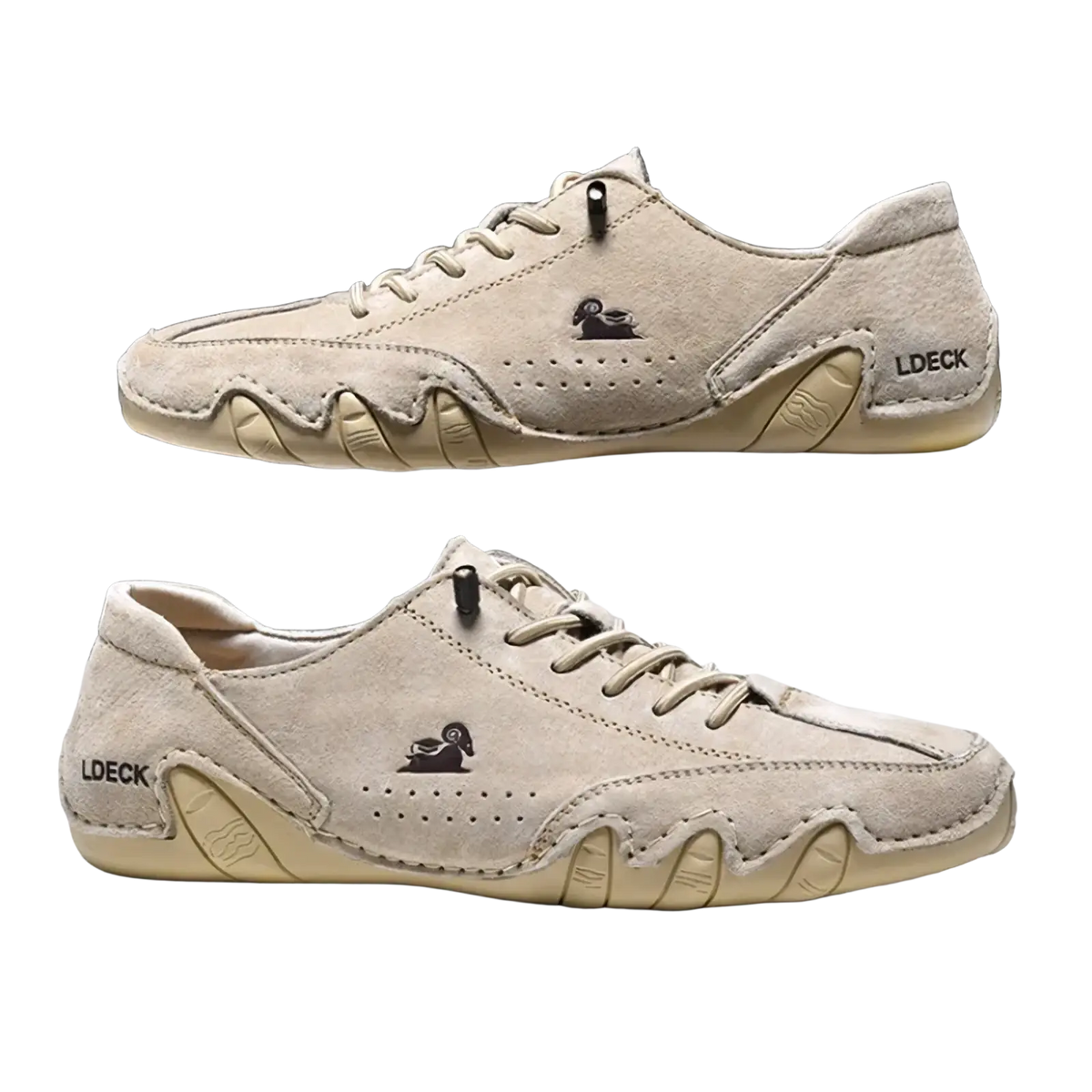 Men gray suede casual sneakers featuring beige suede ldeck design with subtle duck logo and textured rubber sole