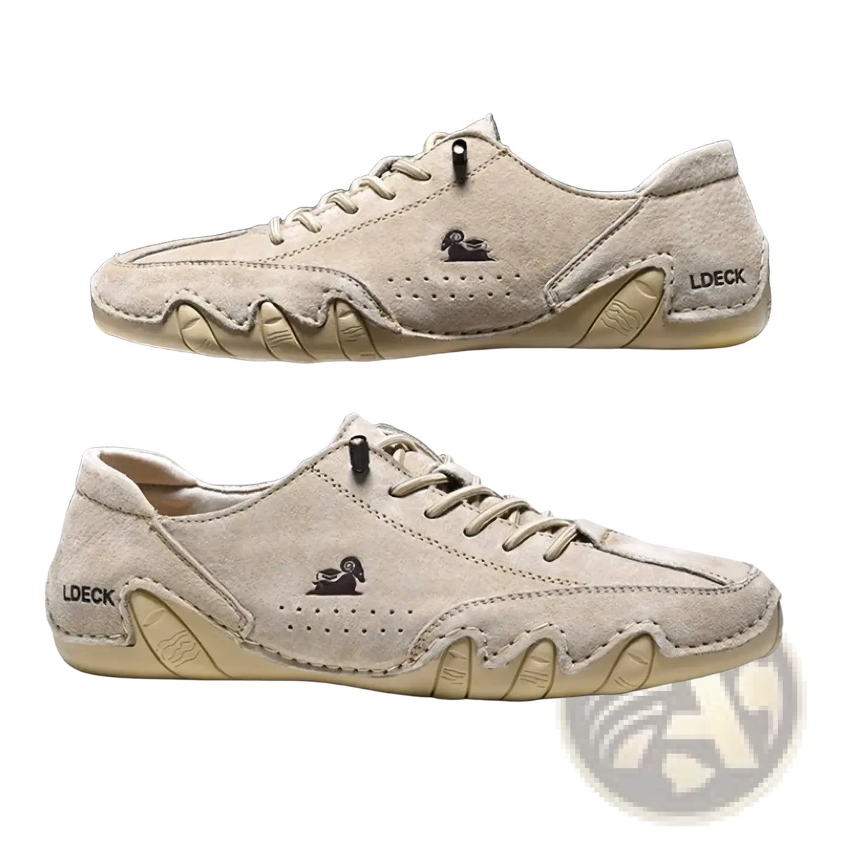 Men gray suede casual sneakers featuring beige suede ldeck design with subtle duck logo and textured rubber sole