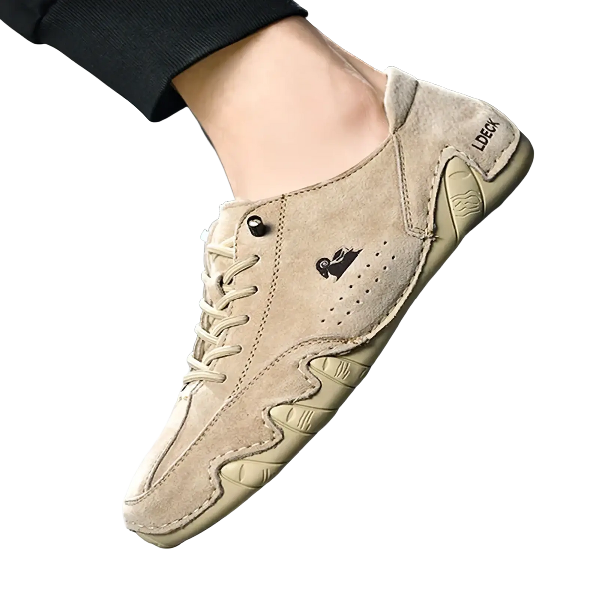 Men gray suede casual sneakers with beige low-top design, wavy rubber sole, and black embroidered logo on the side