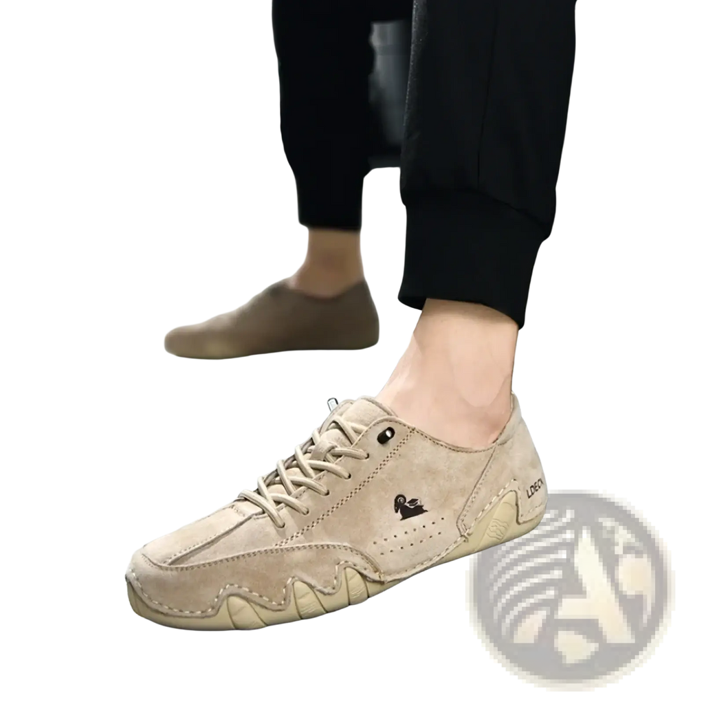 Men gray suede casual sneakers in beige with low-top design embroidered logo and textured wavy sole