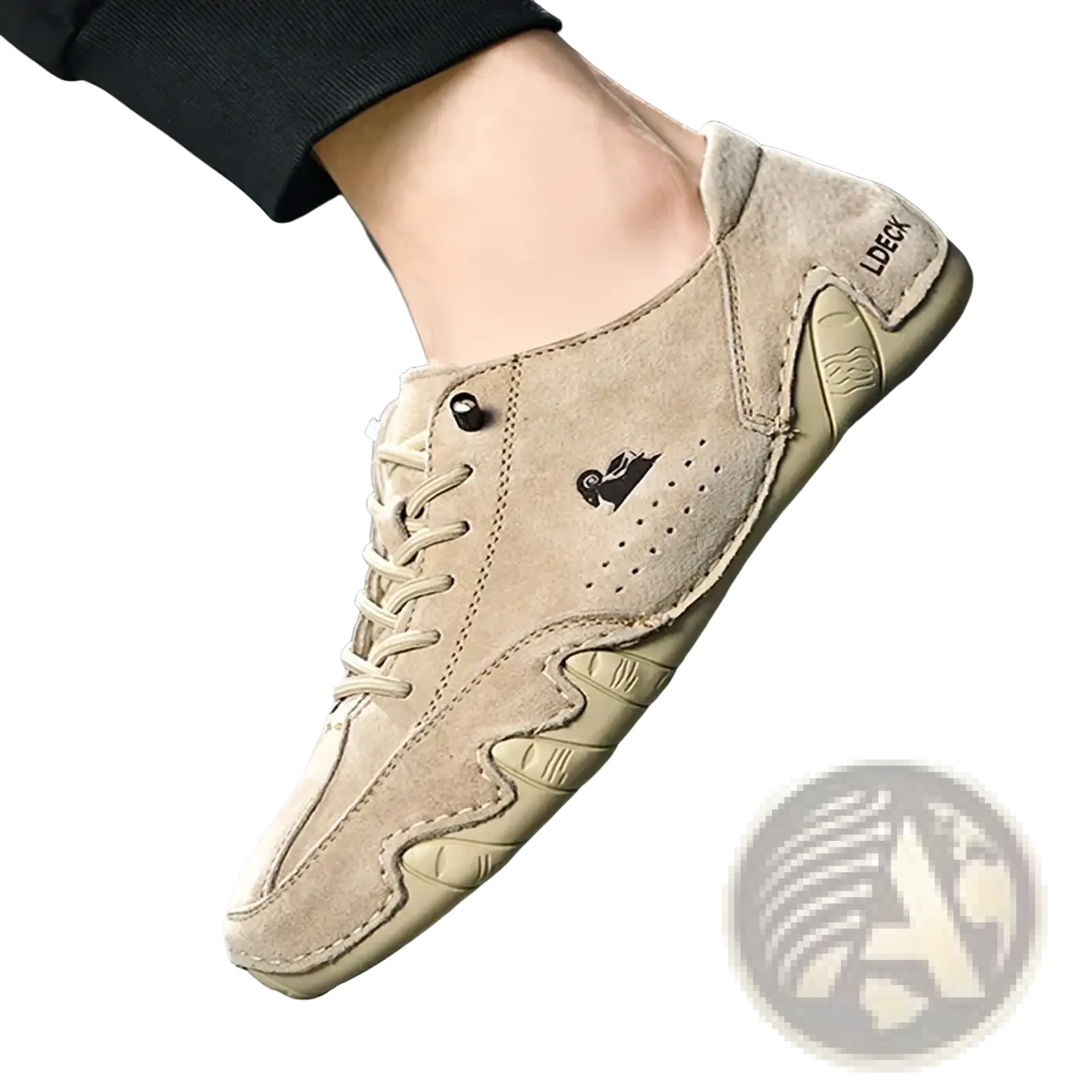 Men gray suede casual sneakers with beige low-top design, wavy rubber sole, and black embroidered logo on the side