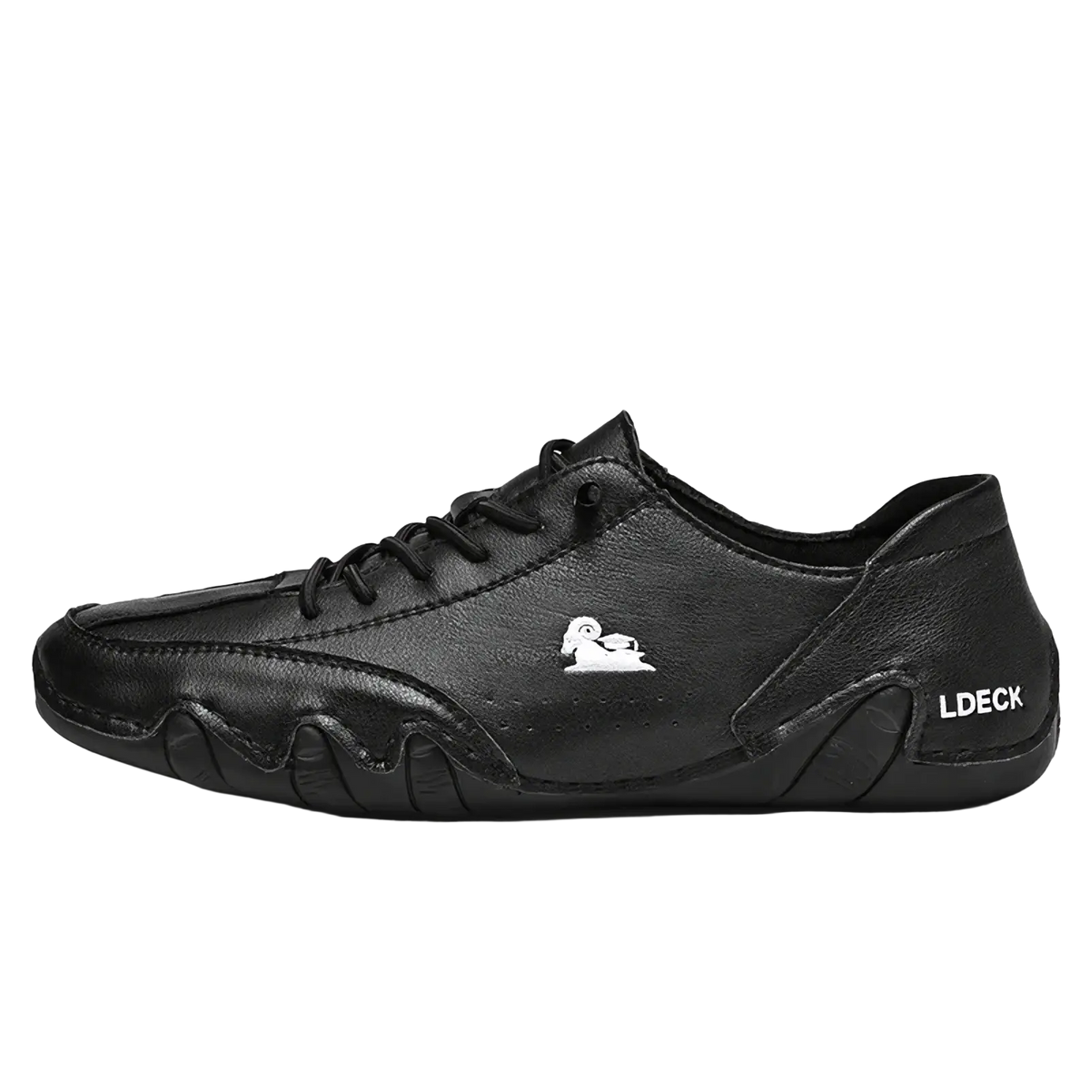 Men gray suede casual sneakers featuring black leather lace-up design with white ram logo and ldeck branding near the heel