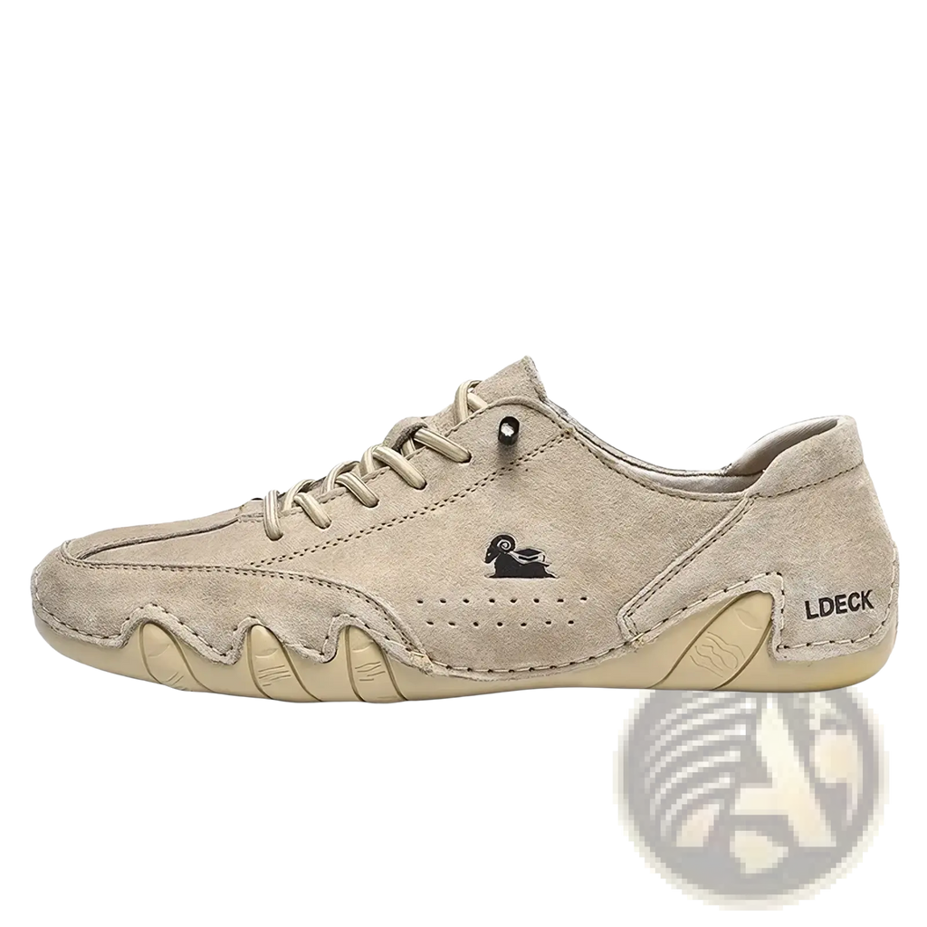 Men gray suede casual sneakers featuring beige lace-up design with black ram logo and ldeck branding on the side