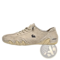 Men gray suede casual sneakers featuring beige lace-up design with black ram logo and ldeck branding on the side