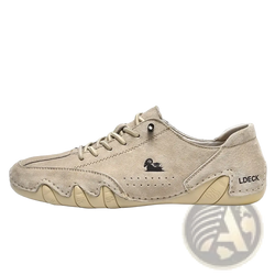 Men gray suede casual sneakers featuring beige lace-up design with black ram logo and ldeck branding on the side