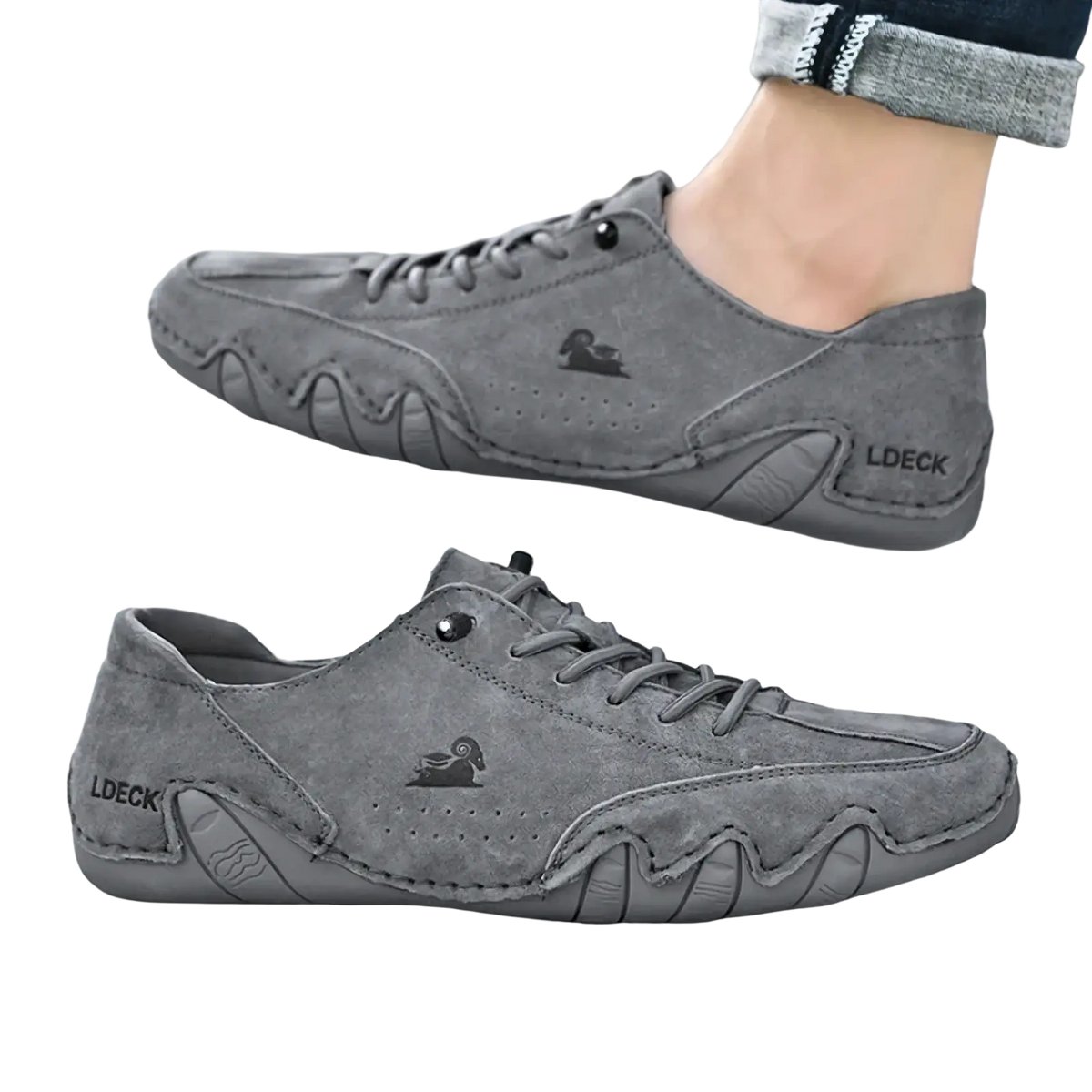 Men gray suede casual sneakers with wavy rubber sole and subtle duck logo for everyday wear