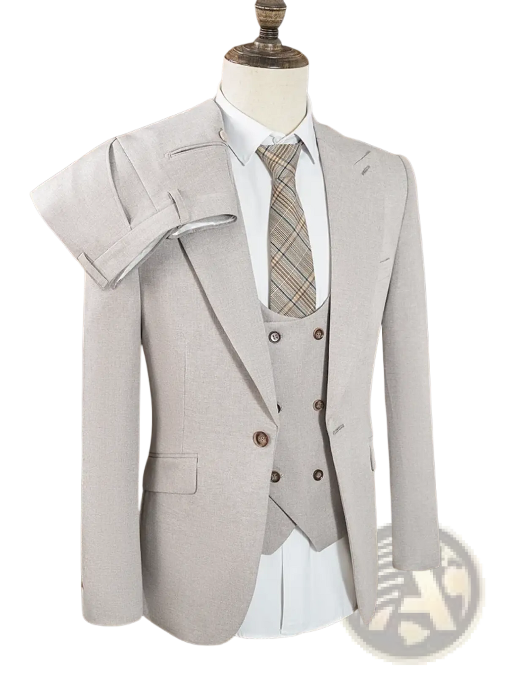 Men gray three piece slim fit suit by st cassy featuring a light gray double breasted vest and matching trousers