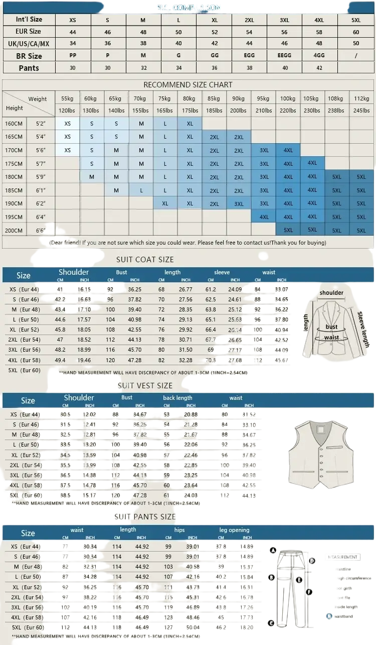 Blue and white size chart for men gray three piece slim fit suit coat vest and pants measurements