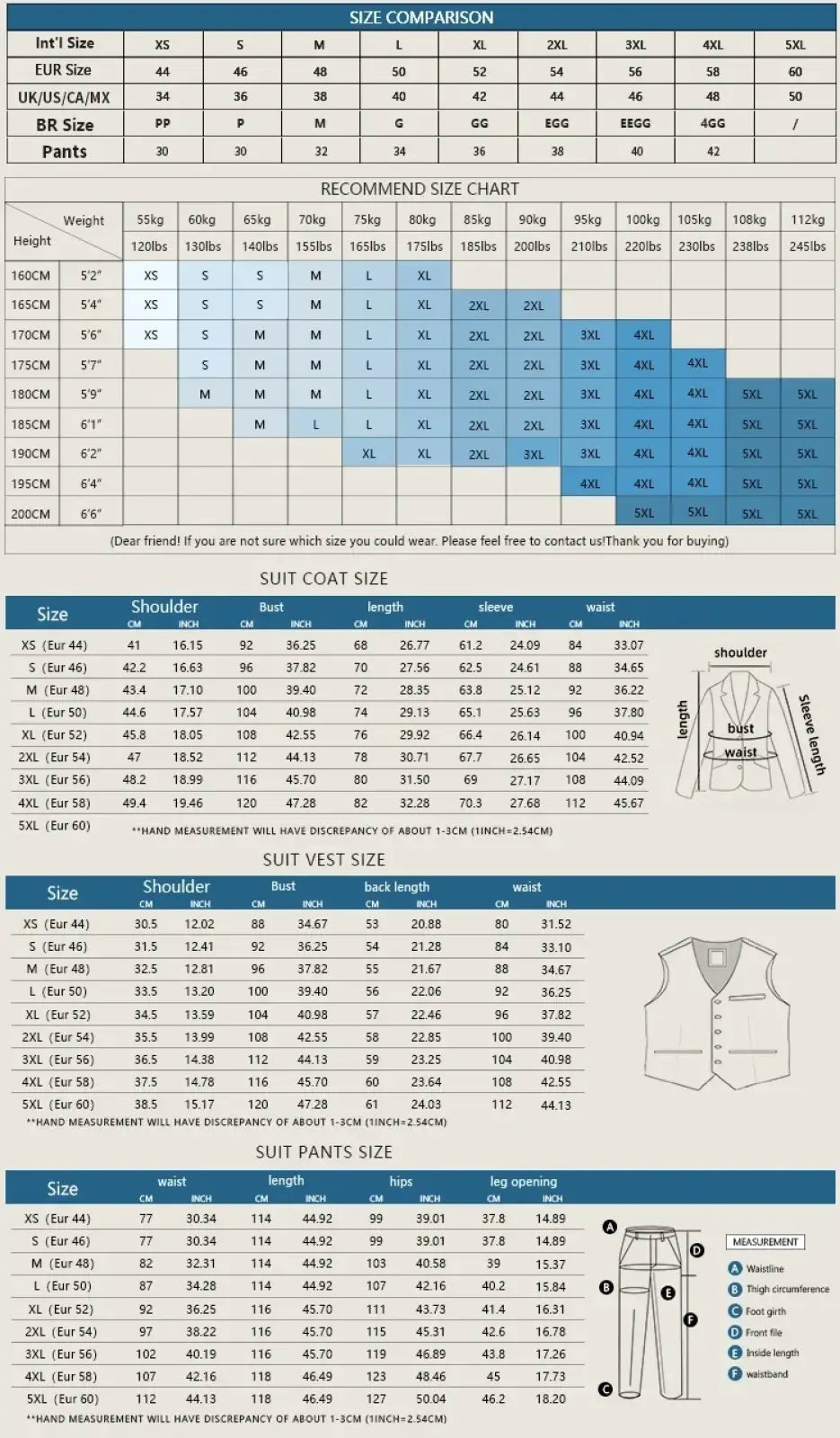 Blue and white size chart for men gray three piece slim fit suit coat vest and pants measurements