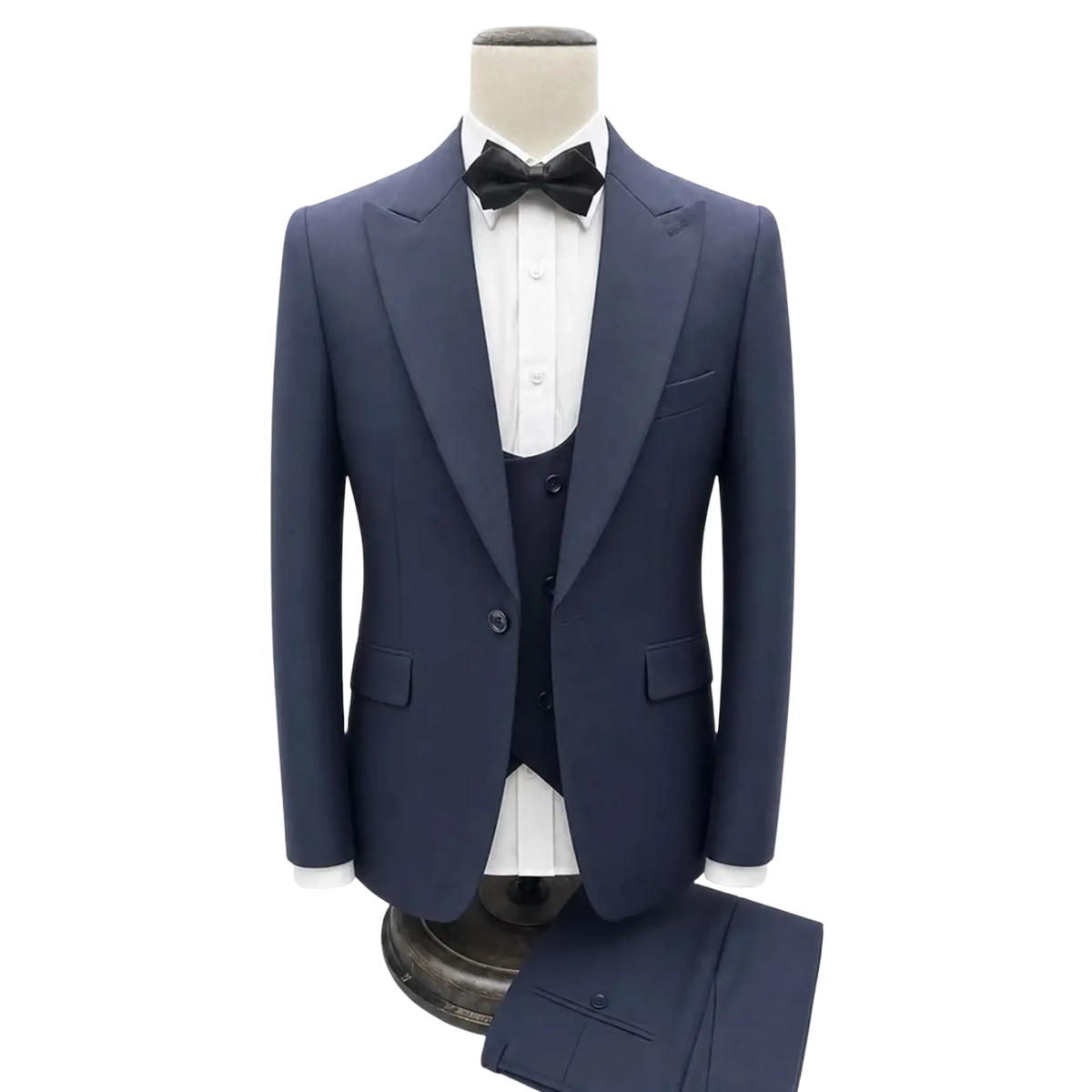 Men gray three piece slim fit suit featuring a navy blue st cassy tuxedo jacket with black bow tie and matching vest