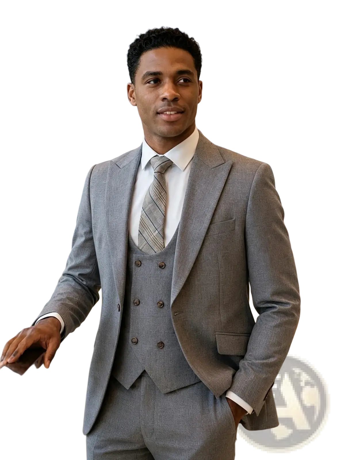 Men gray three piece slim fit suit with a subtle textured weave, matching vest and jacket with dark brown buttons
