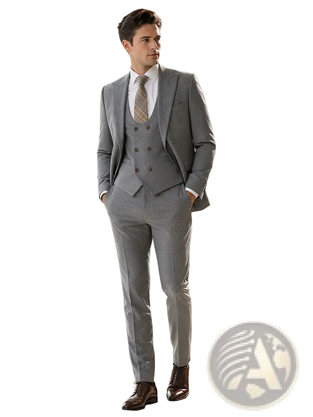 Men gray three piece slim fit suit featuring a sharply tailored double breasted vest and matching trousers with patterned tie